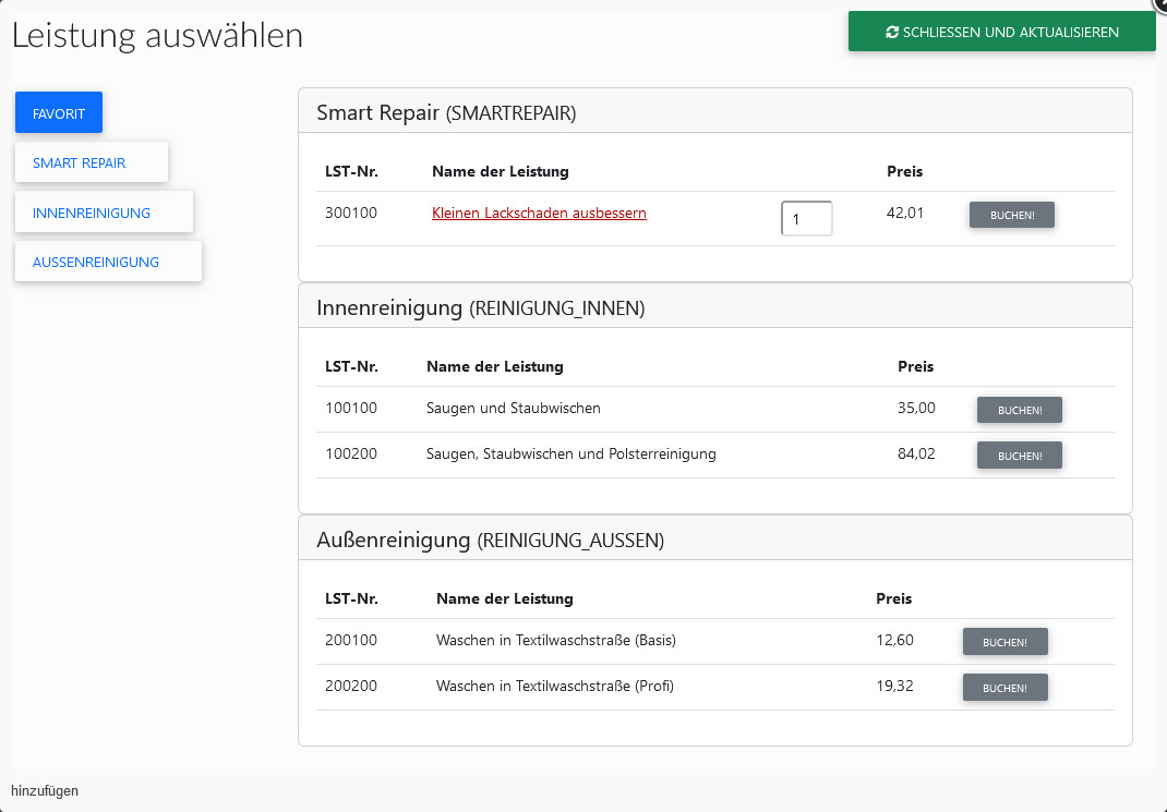 Leistungen hinzufügen Screenshot